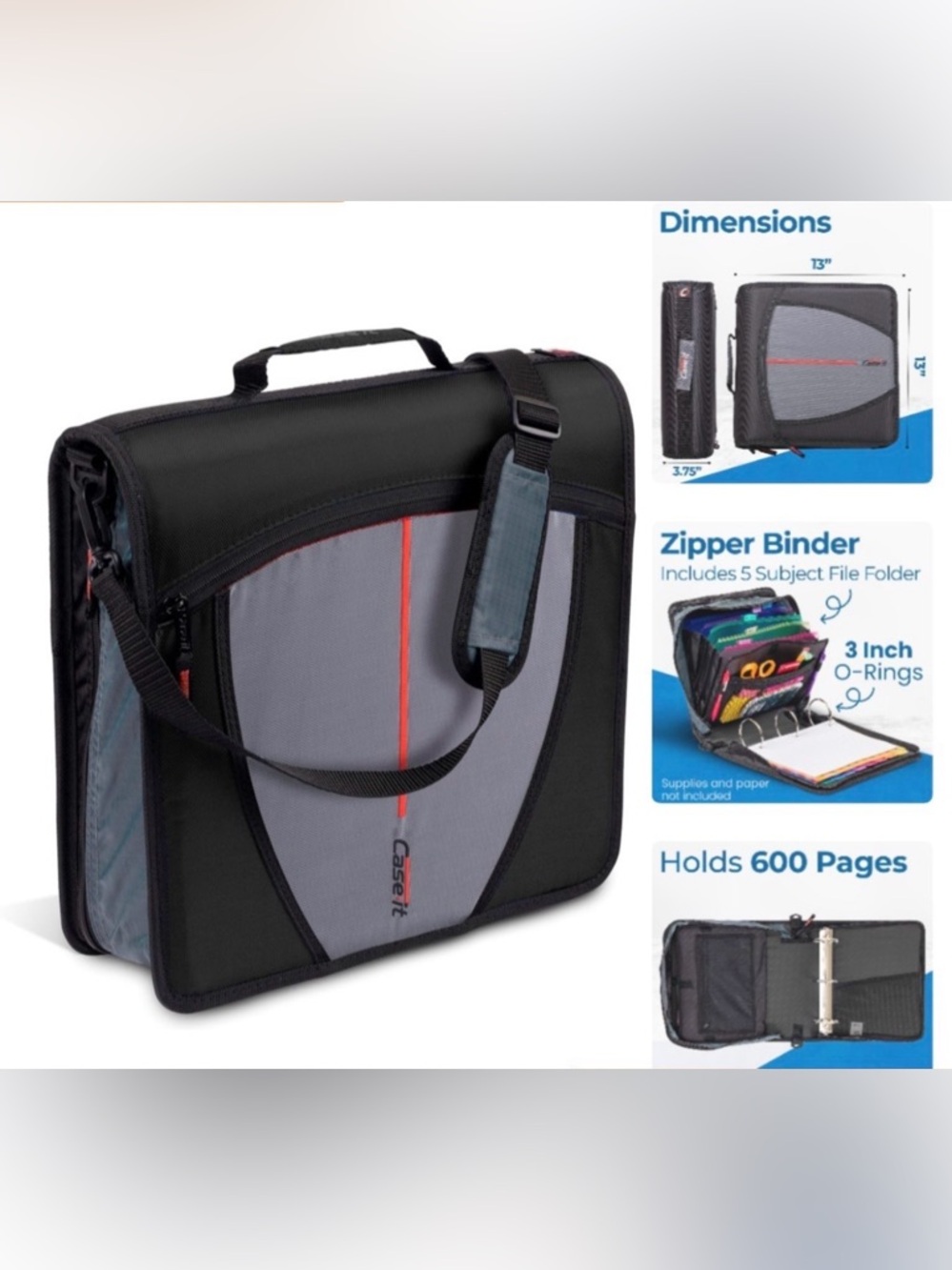 Case It Zipper Binder Organizer Black 3‎ Ring School Bag Removable Strap